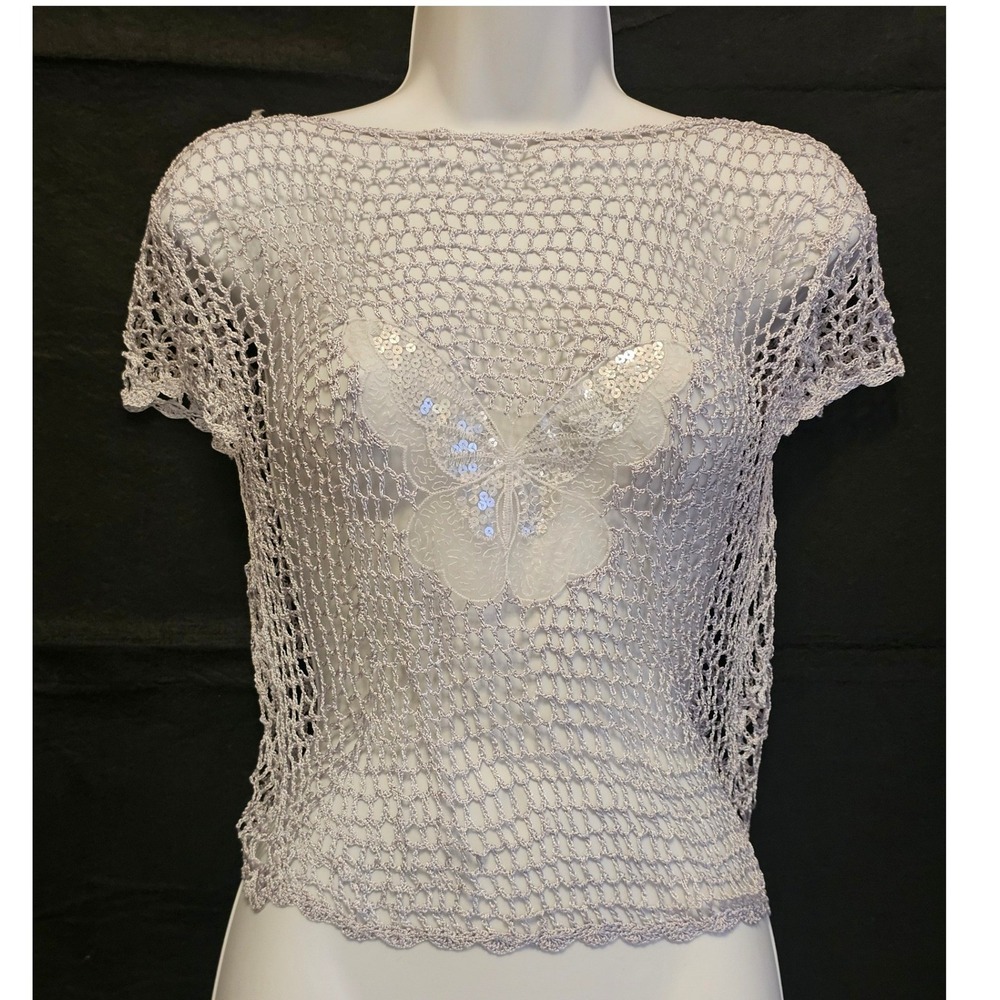Silver Metallic Crochet Shrug Short Sleeve Sequin Butterfly Bolero Top